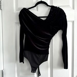 Express Black Velvet Asymmetrical Neckline Long Sleeve Bodysuit Size S